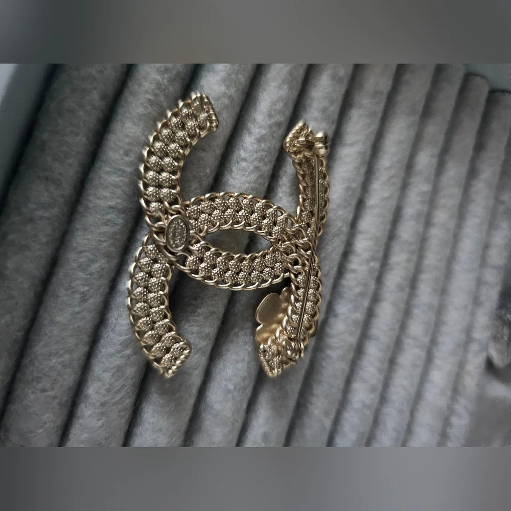 Gold Crystal Double C Brooch with Floral Detail - Picture 8 of 9